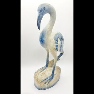 13" Blue White Stork Crane Flamingo Bird Hand Carved Wood Handmade Figure Statue